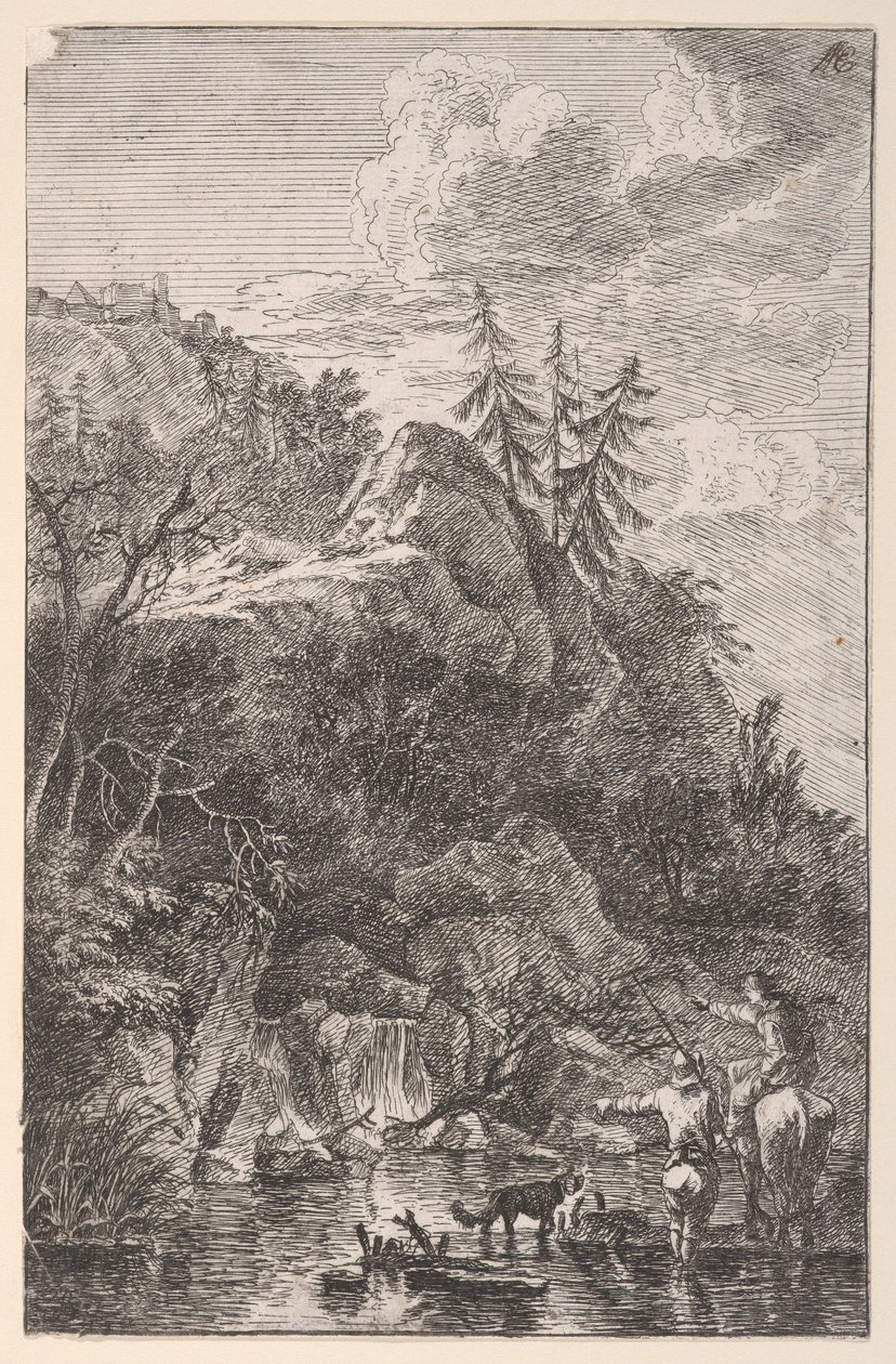 Weibliche Figur auf einem Pferd und eine männliche Figur mit einem Hund in einer Straße, ca. 1700-25 von Franz Joachim Beich