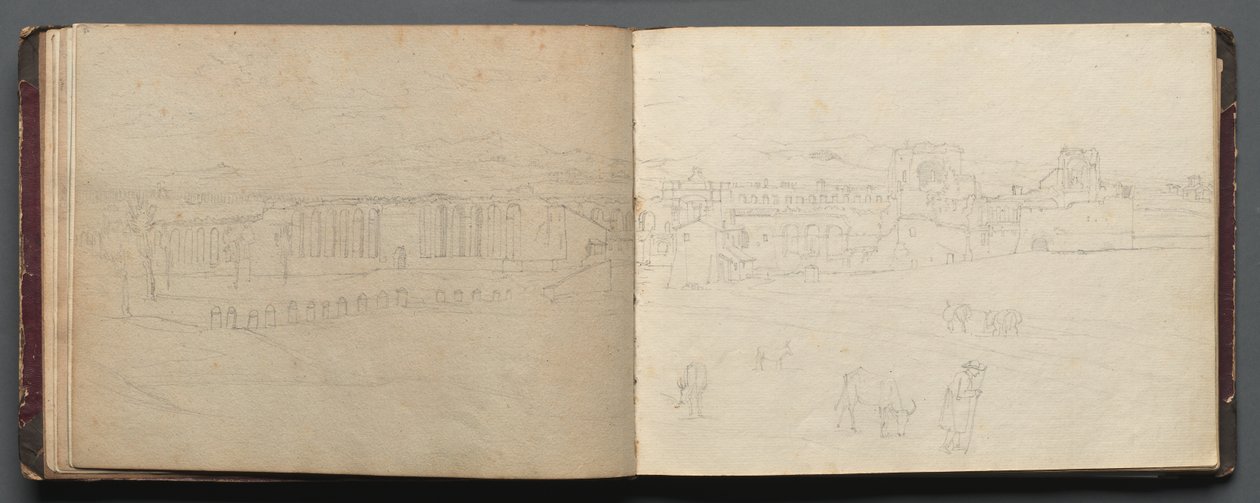 Album mit Ansichten von Rom und Umgebung, Landschaftsstudien, Seite 08b und 09a: Panoramablick... von Franz Johann Heinrich Nadorp