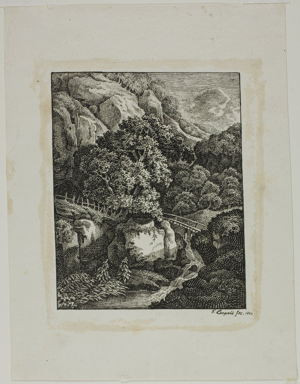 Bewaldete Berglandschaft mit kleinem Wasserfall und Weg von Franz Joseph Leopold