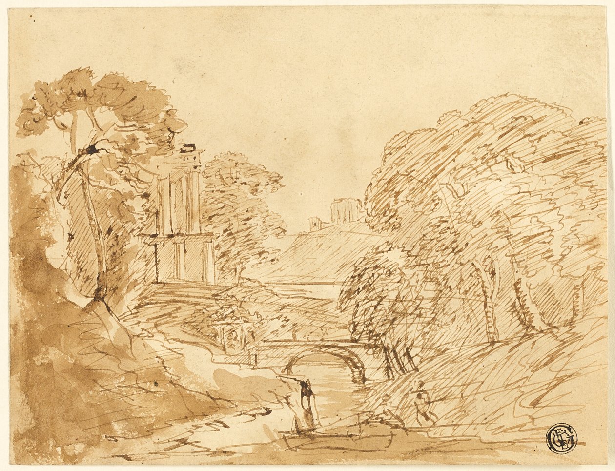 Landschaft mit Brücke und Ruinen von Franz Kobell