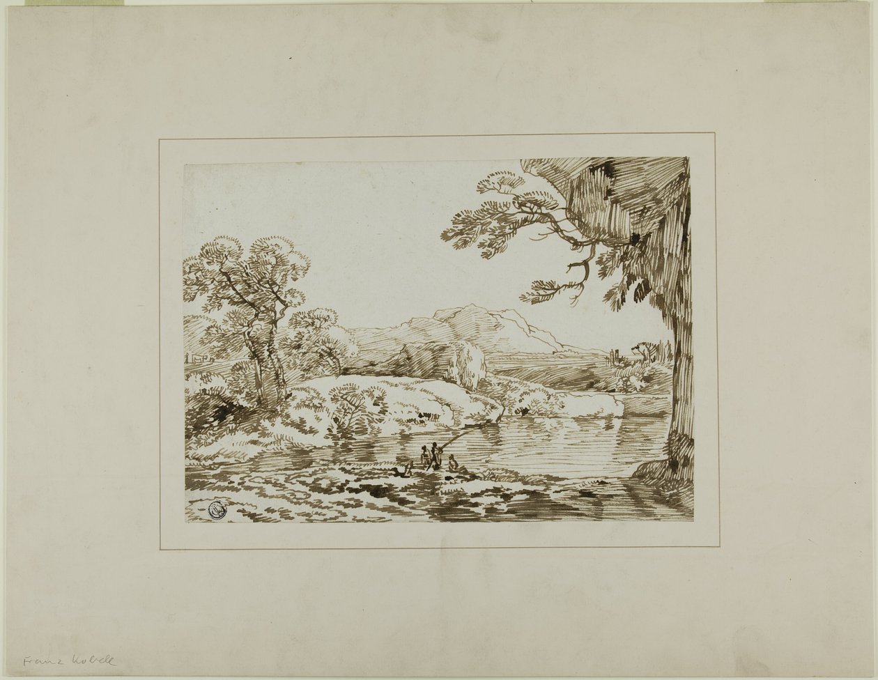 Landschaft mit Fluss, fernen Hügeln und Figuren beim Angeln im Vordergrund von Franz Kobell