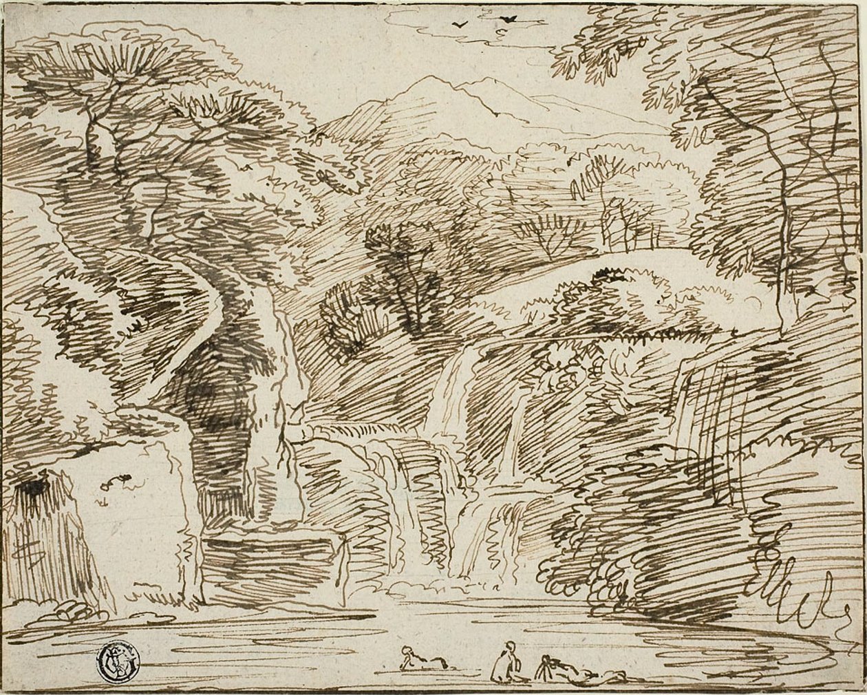 Nymphen baden in der Nähe von Wasserfällen in Berglandschaft von Franz Kobell