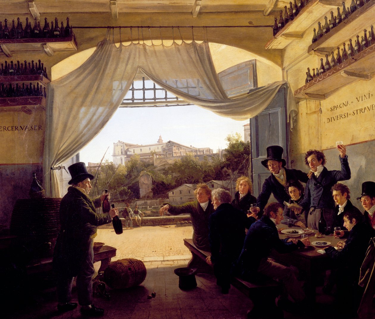 Ludwig II. von Bayern stößt mit Freunden in der spanischen Weintaverne in Rom an. 1824 von Franz Ludwig Catel