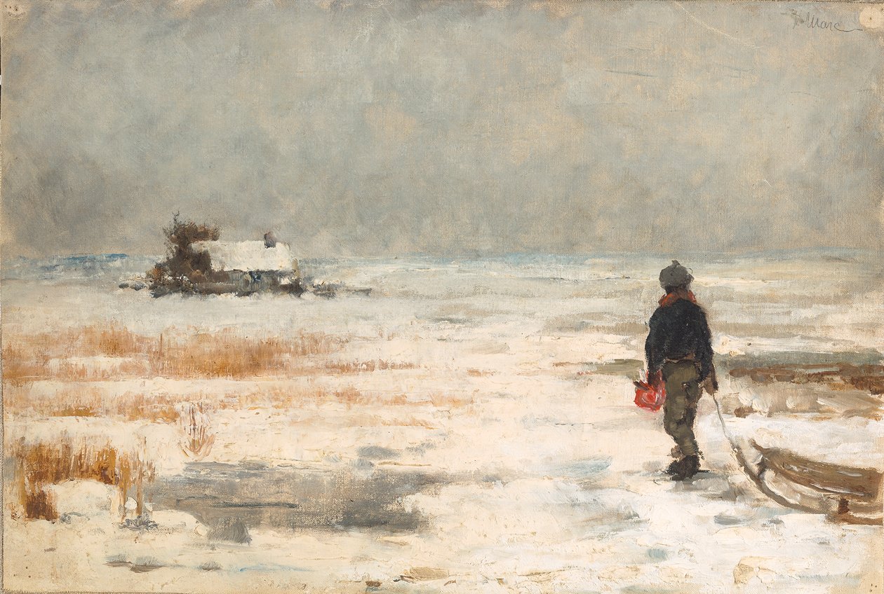 Knabe mit Schlitten in Winterlandschaft von Franz Marc