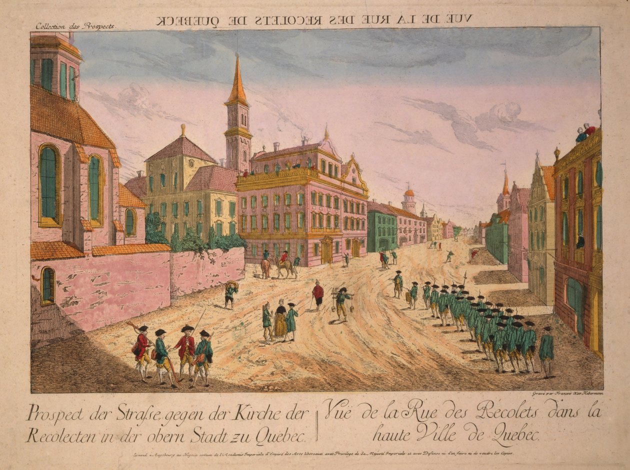 Ansicht der Rue des Recolets in Quebec, veröffentlicht ca. 1770er Jahre (handkolorierter Stich) von Franz Xaver Habermann