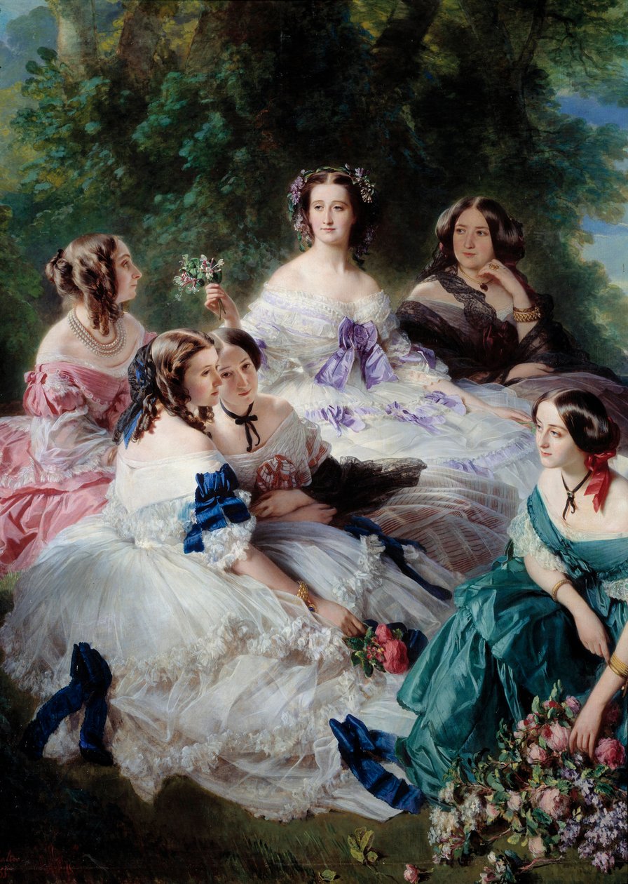 Die Kaiserin Eugenie (1826-1920) im Jahr 1855 umgeben von den Ehrendamen des Detailpalastes, die Prinzessin von Essling, die Baronin von Steinen, die Viscountess Lezay-Marnesia, der Kaiser oben in Weiß und die Marquise von Montebello von Franz Xaver Winterhalter