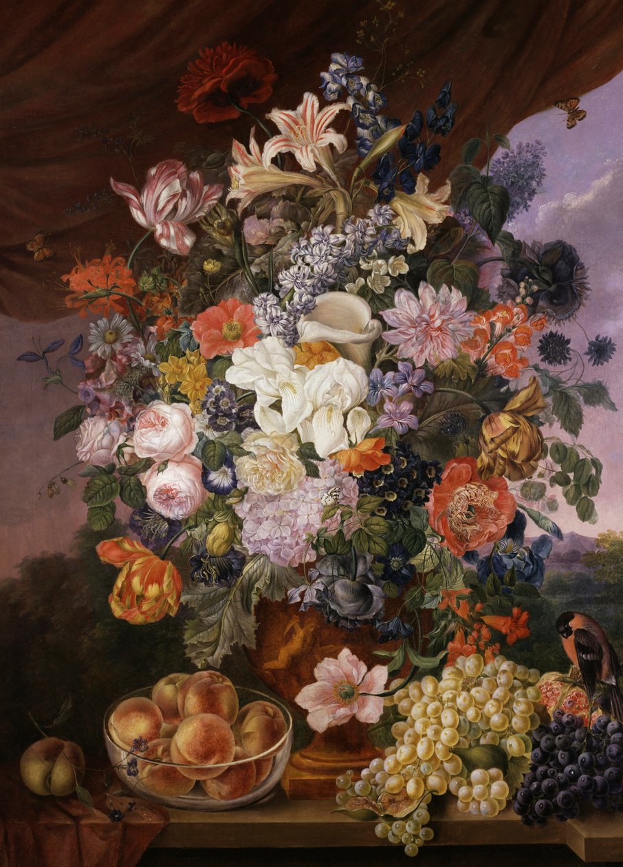Früchte und Blumen auf einem Sims mit Landschaft. Gemälde von Franz Xaver Petter (1791-1866) Privatsammlung von Franz Xavier Petter