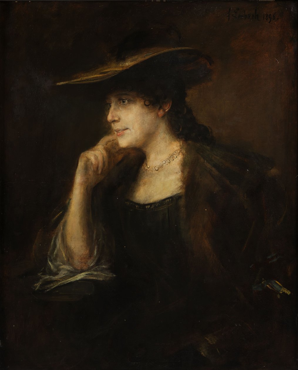 Porträt einer jungen Dame mit Pelzkragen und weitrandigem Hut von Franz von Lenbach