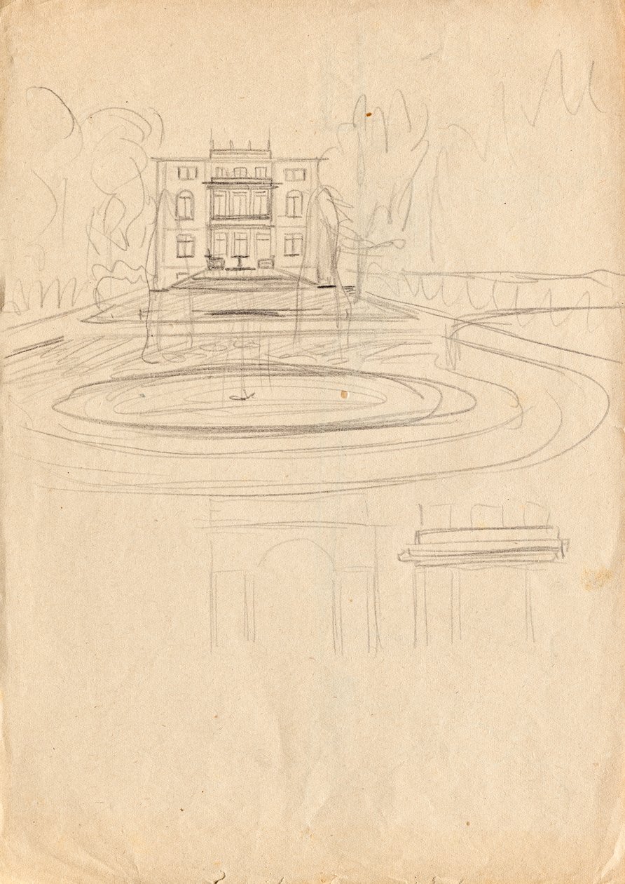 Entwurfsskizzen zu Matschs Ateliervilla - Ansicht vom Garten mit Brunnen von Franz von Matsch