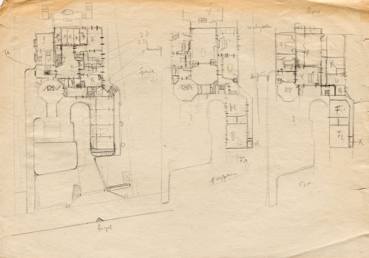Entwurfsskizzen zu Matschs Ateliervilla - Grundriss von drei Stockwerken von Franz von Matsch
