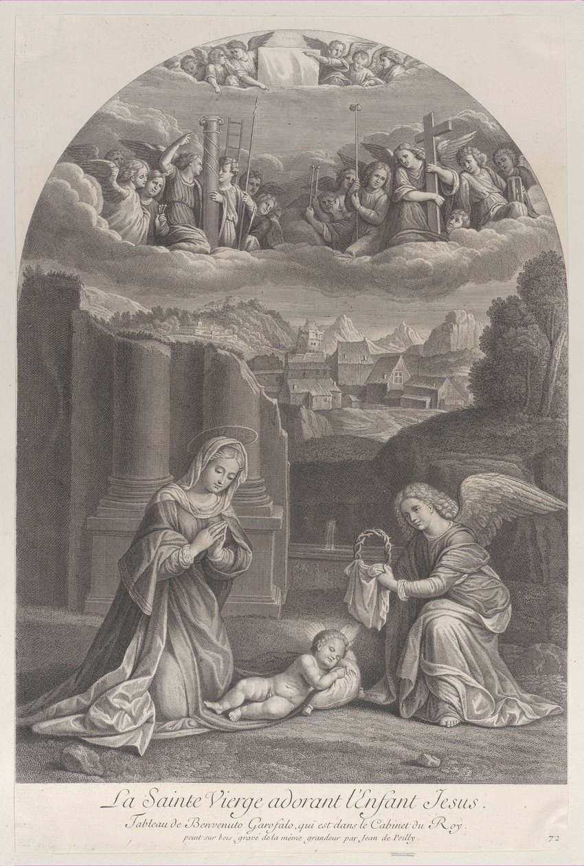 Die Jungfrau Maria betet das Christkind an, ein Engel hält rechts eine Dornenkrone, ca. 1729 von Frédéric Horthemels