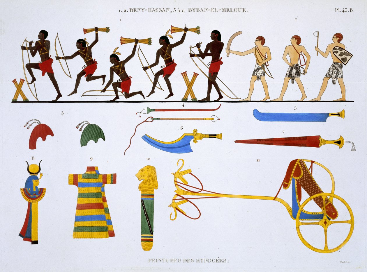 Bogenschützen der Armee und militärische Gegenstände, aus einem seltenen Bericht über Fresken aus Theben, aufgezeichnet 1819-1822 bei seinem zweiten Besuch in Ägypten von Frederic Cailliaud (1787-1869), Farblithografie von Frederic Cailliaud