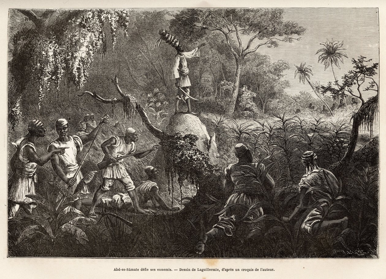 Abd es Samate, Freund und Leutnant von Mounza, König der Mombuttous, fordert seine Feinde, die Zandes (oder Niam Niam), die ihnen den Krieg erklärt haben, heraus, Gravur nach der Zeichnung von Laguillermie, zur Illustration einer Reise ins Herz Afrikas 186 von Frederic Auguste Laguillermie