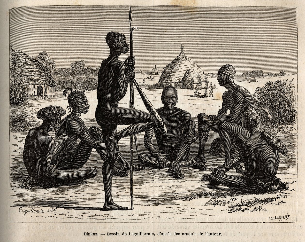 Dinkas aus dem Dorf Koudj (Senegal), deren Körper mit Asche bedeckt ist, um sie vor Insekten und Parasiten zu schützen, was auch eine kosmetische und soziale Funktion hat, Gravur nach Laguillermies Zeichnung, zur Illustration der Reise ins Herz Afrikas 186 von Frederic Auguste Laguillermie