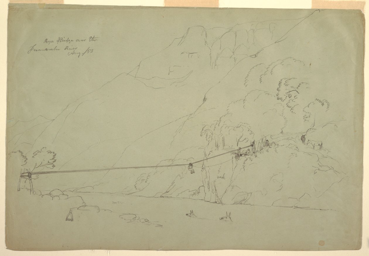 Zeichnung, Eine Hängebrücke in Kolumbien, August 1853 von Frederic Edwin Church