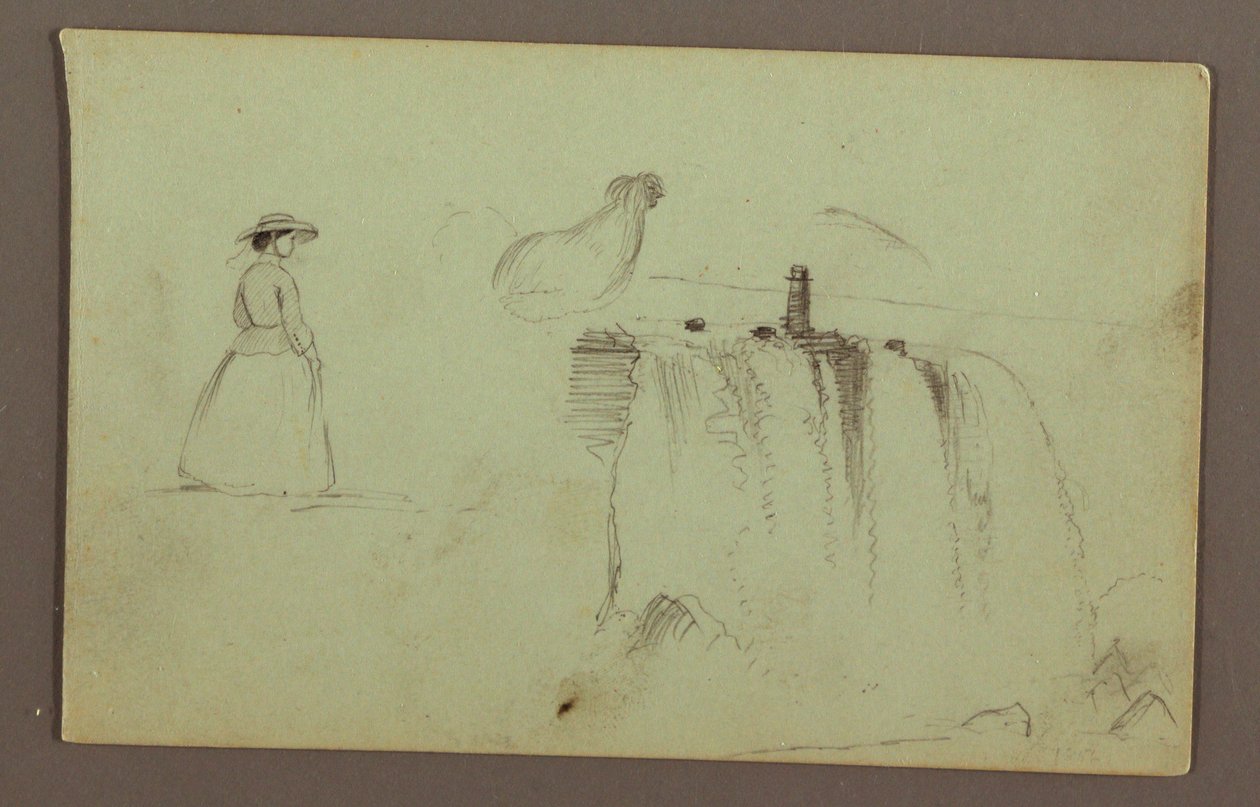 Gehendes Mädchen, hockendes Huhn und die American Falls am Niagara River von Frederic Edwin Church