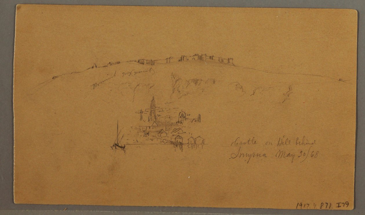 Zeichnung, Schloss, Minarett, Segelboote, Haus, Mai 1868 von Frederic Edwin Church