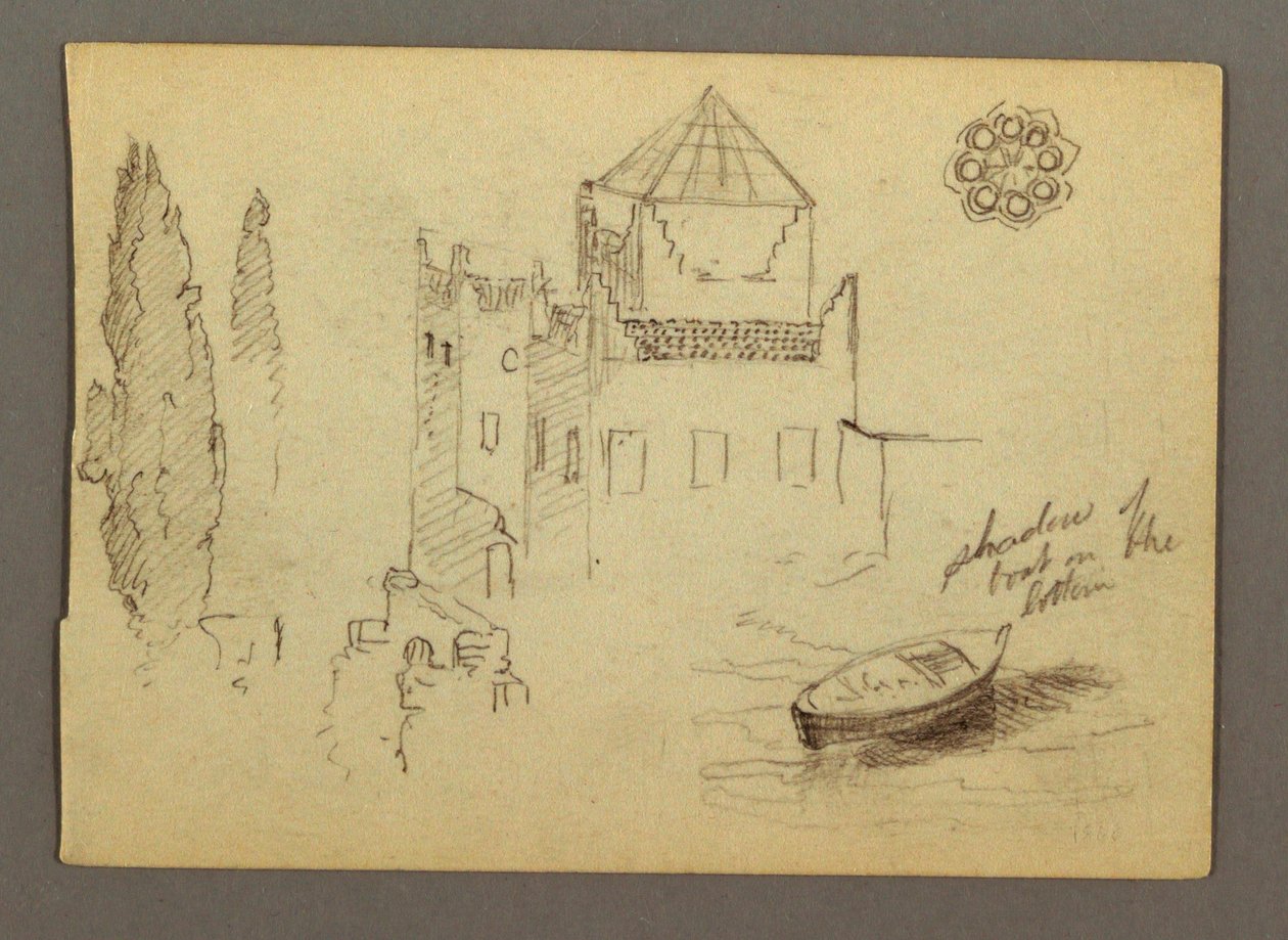 Schloss am Wasser, Boot, Bäume, möglicherweise 1868 von Frederic Edwin Church