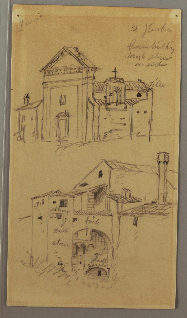 Kirche, Gebäude, überdachte Brücke, möglicherweise 1868–69 von Frederic Edwin Church