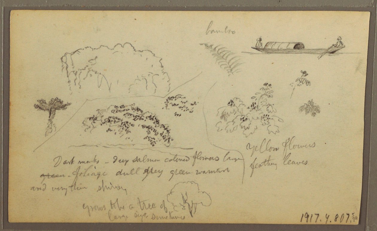 Zeichnung, Kirche, Türme; Verso: Figuren im Kanu, Botanische Skizzen, 1857 von Frederic Edwin Church