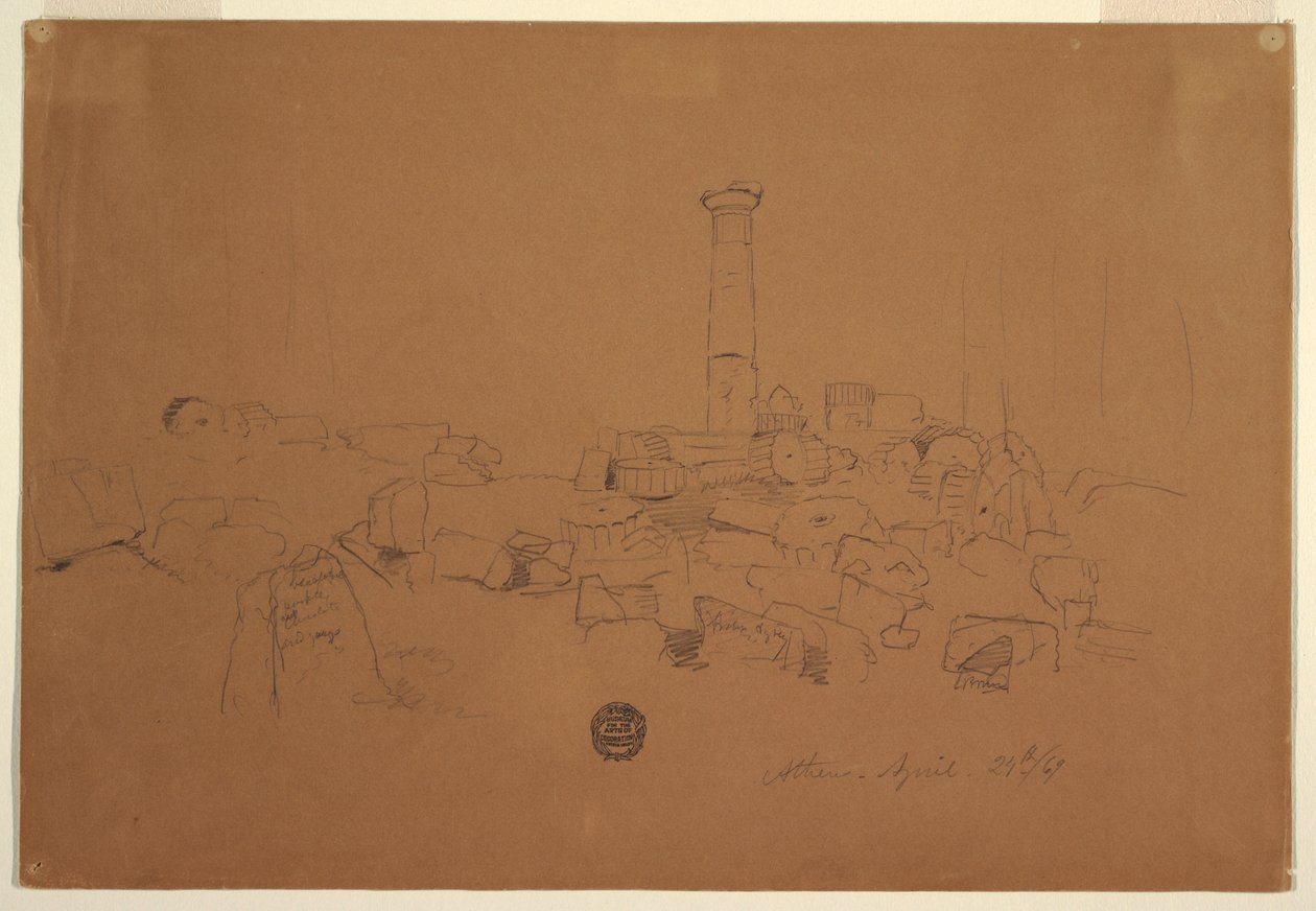 Zeichnung, Gefallene Säule, Tempel des Olympischen Zeus, Athen, 24. April 1869 von Frederic Edwin Church