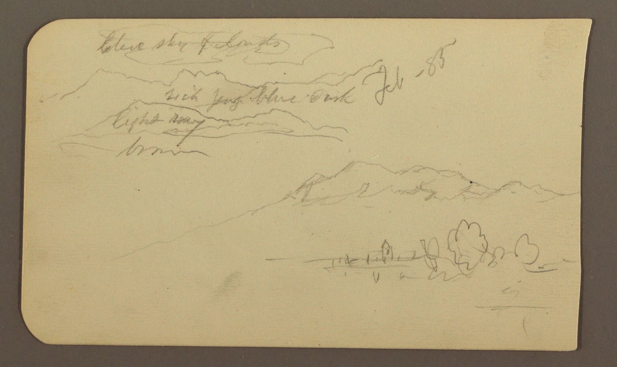 Zeichnung, Gebirgsketten, Cuautla, Kirche; Rückseite: Kauerndes Pferd, Landschaftsnotizen, Februar 1885 von Frederic Edwin Church
