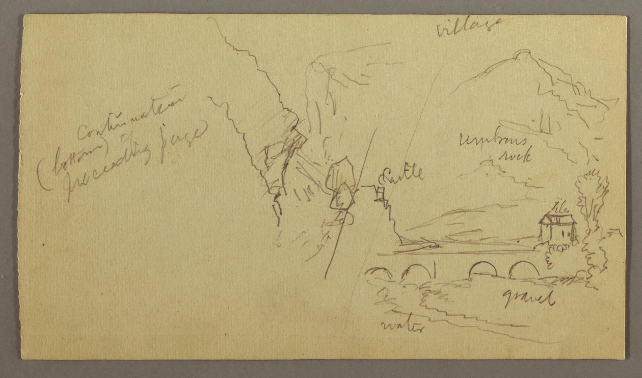 Zeichnung, Bergtal, Brücke, Gebäude, möglicherweise 1868–69 von Frederic Edwin Church