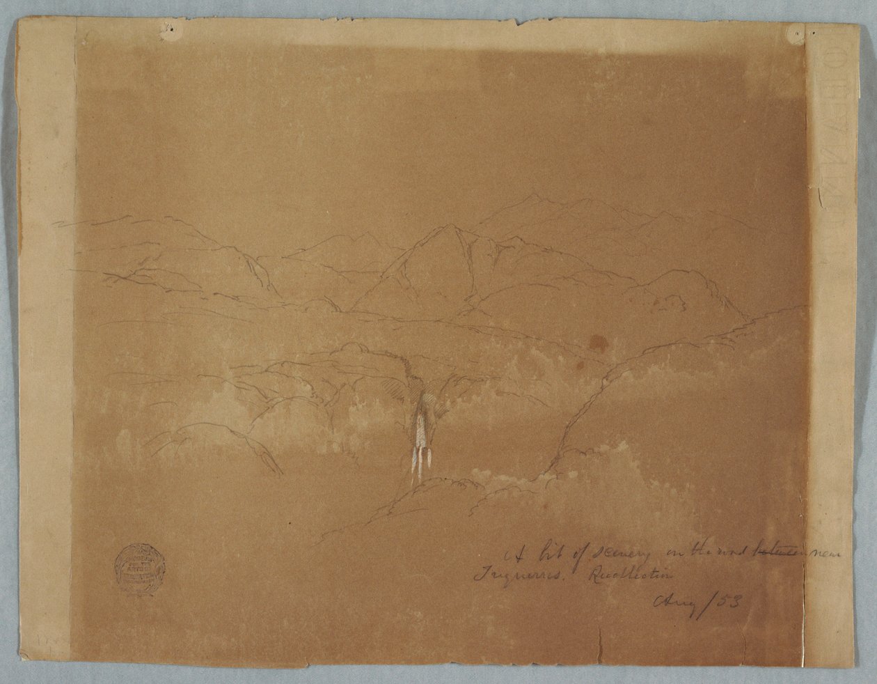 Zeichnung, Bergige Landschaft mit Wasserfall, in der Nähe von Tuquerres, Kolumbien, August 1853 von Frederic Edwin Church