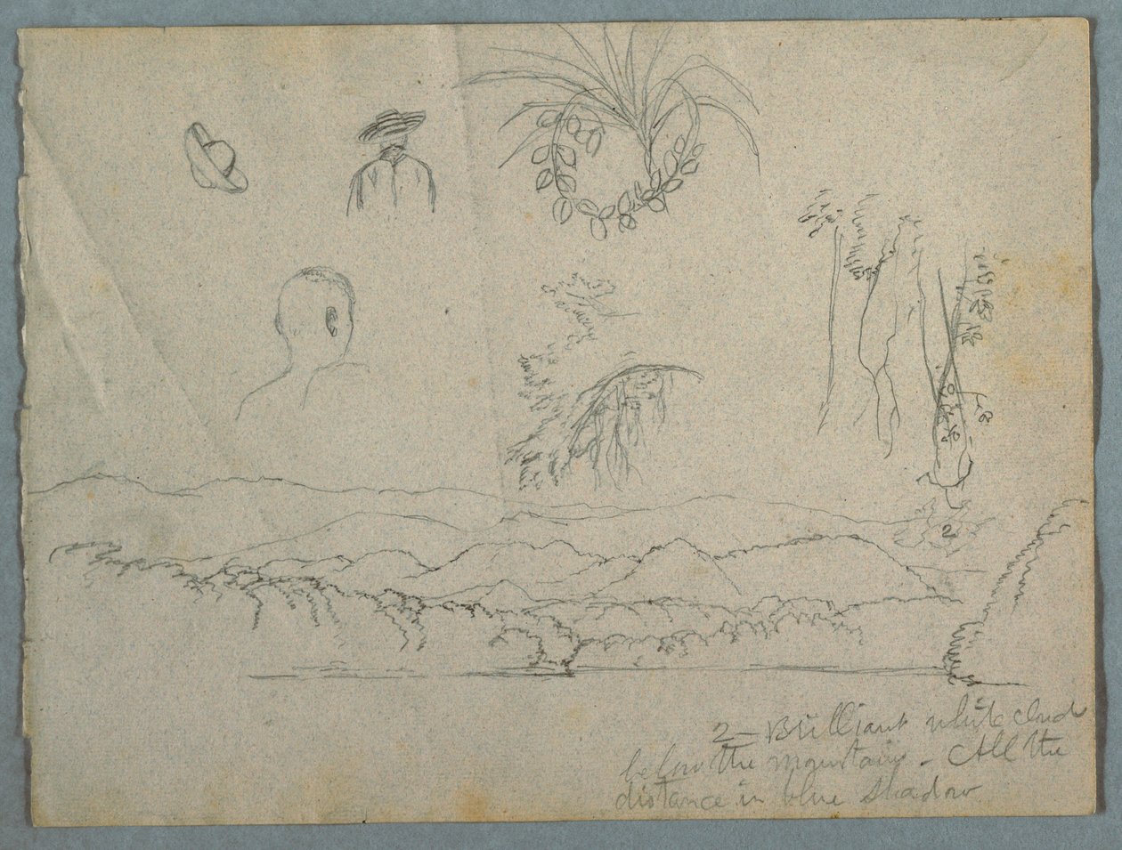 Flussufer mit Bergen und Wolken, drei botanische Skizzen und Büstenstudien von Männern mit Hüten, 1853 von Frederic Edwin Church