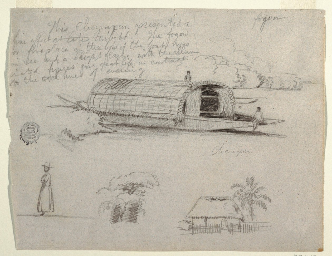 Skizzen aus Kolumbien - Flussfahrzeug (Champan), eine Frau, Baumgruppe, ein Haus von Frederic Edwin Church