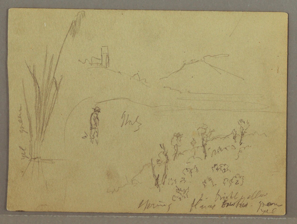 Zeichnung, Skizzen aus Italien: Gebäude mit Turm, Berg und Mann, 29. April 1869 von Frederic Edwin Church