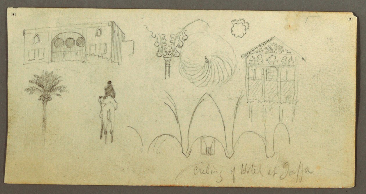 Zeichnung, Herrschaftshaus, Figur reitet, Kamel, Architekturstudien, Palme, möglicherweise 1868 von Frederic Edwin Church