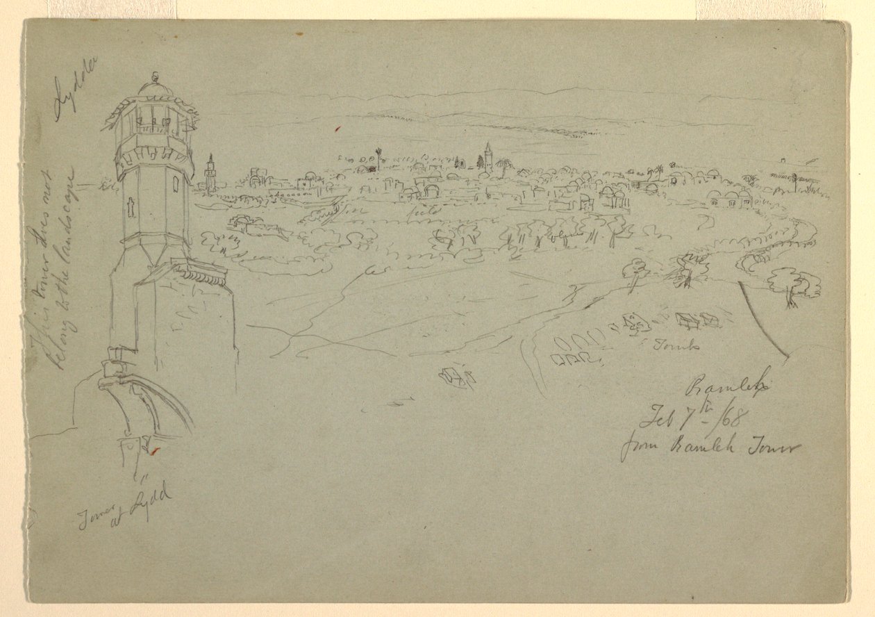 Zeichnung, Turm in Lydda und Ramleh von Ramleh-Turm aus gesehen, Palästina [Ramleh, Israel], 7. und 10. Februar 1868 von Frederic Edwin Church