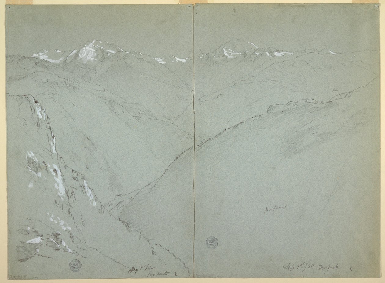 Tal-Landschaft mit schneebedeckten Gipfeln, Berner Alpen, Schweiz, Teil 1, 1. September 1868 von Frederic Edwin Church