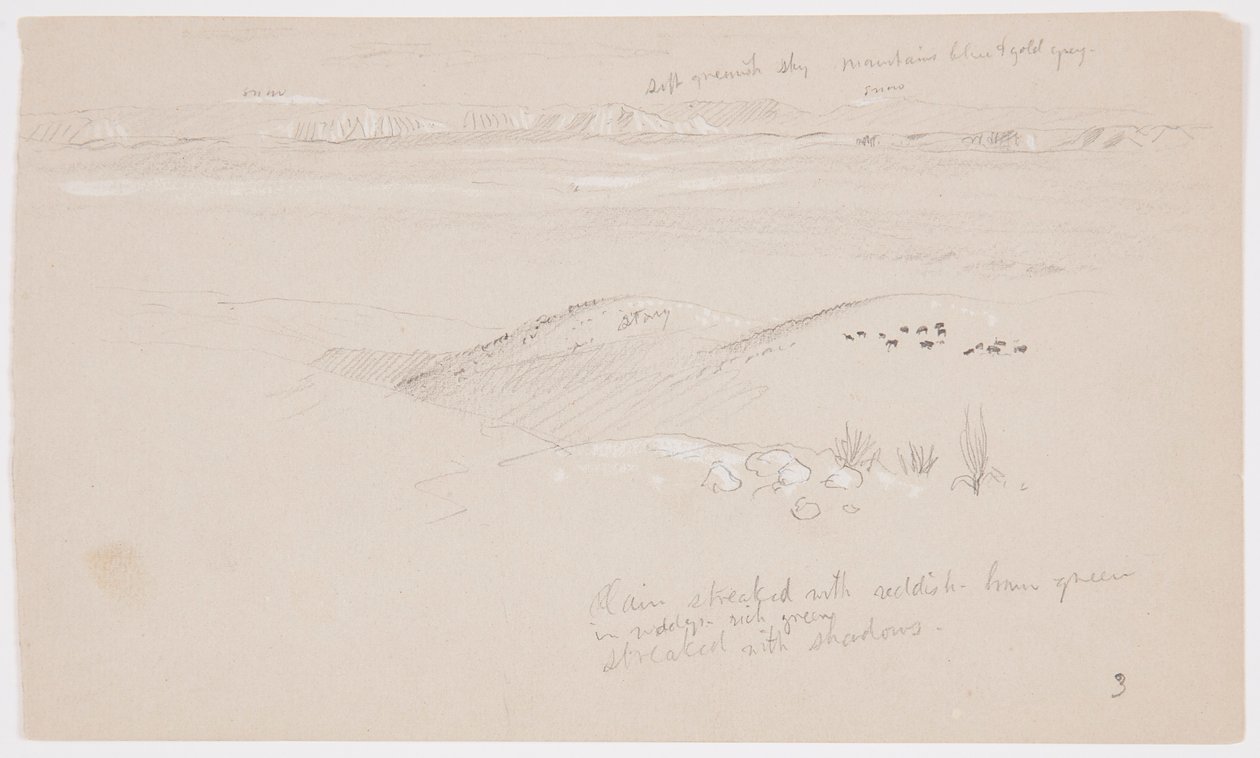 Blick über die Hügel und Ebene zu den Bergen, Tal von El Yemen, Februar 1868 von Frederic Edwin Church