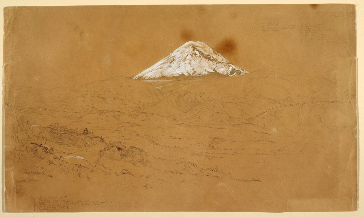 Ansicht des schneebedeckten Mount Chimborazo, gezeichnet nahe Guanojo und Guaranda, Ecuador, 12. Juni 1857 von Frederic Edwin Church