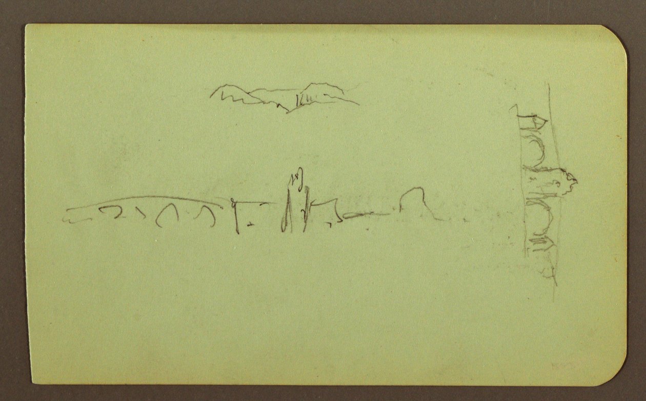 Hügel, Kirche, Brücke; Verso: Figur, Kreuz, Kirche, 1883 von Frederic Edwin Church