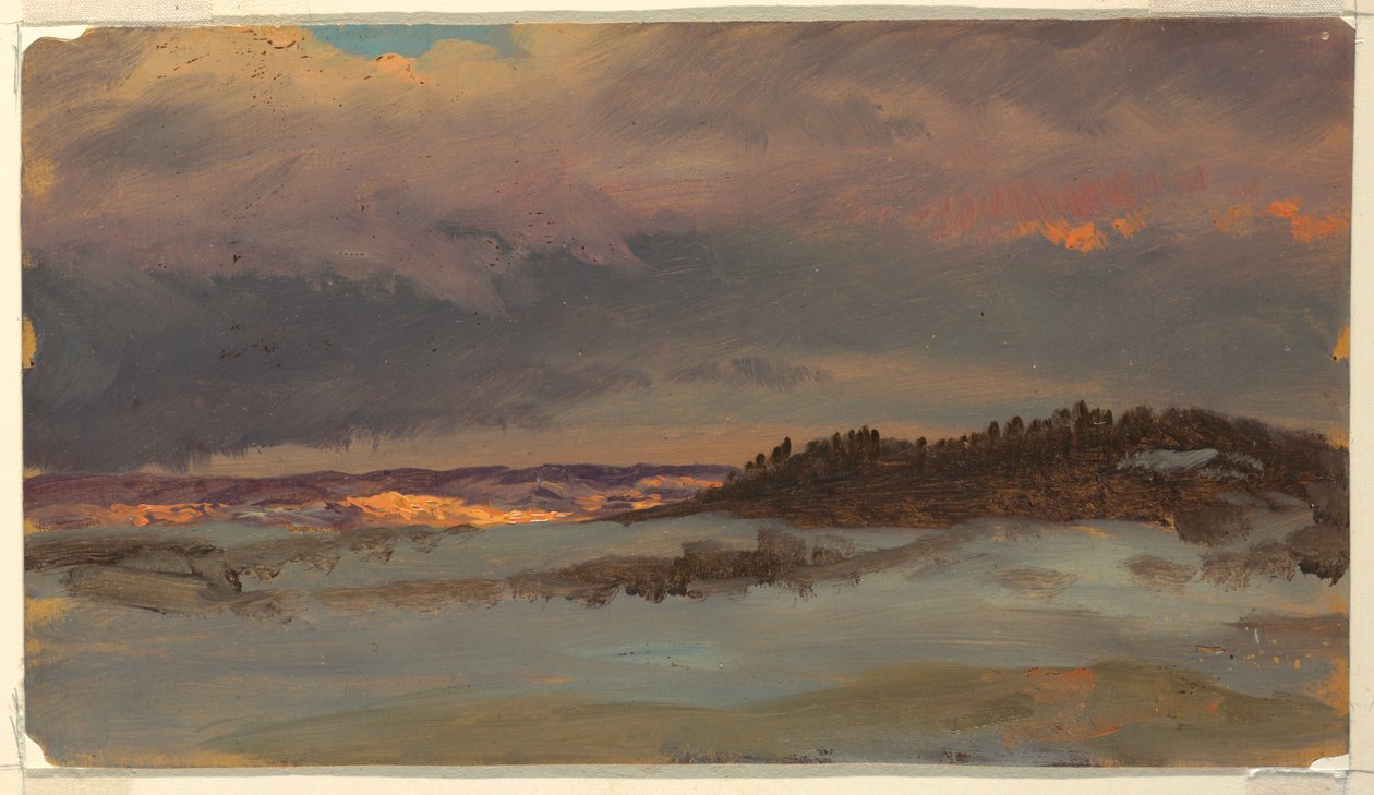 Winterlandschaft mit blauem Hügel bei Sonnenuntergang, Hudson, New York von Frederic Edwin Church