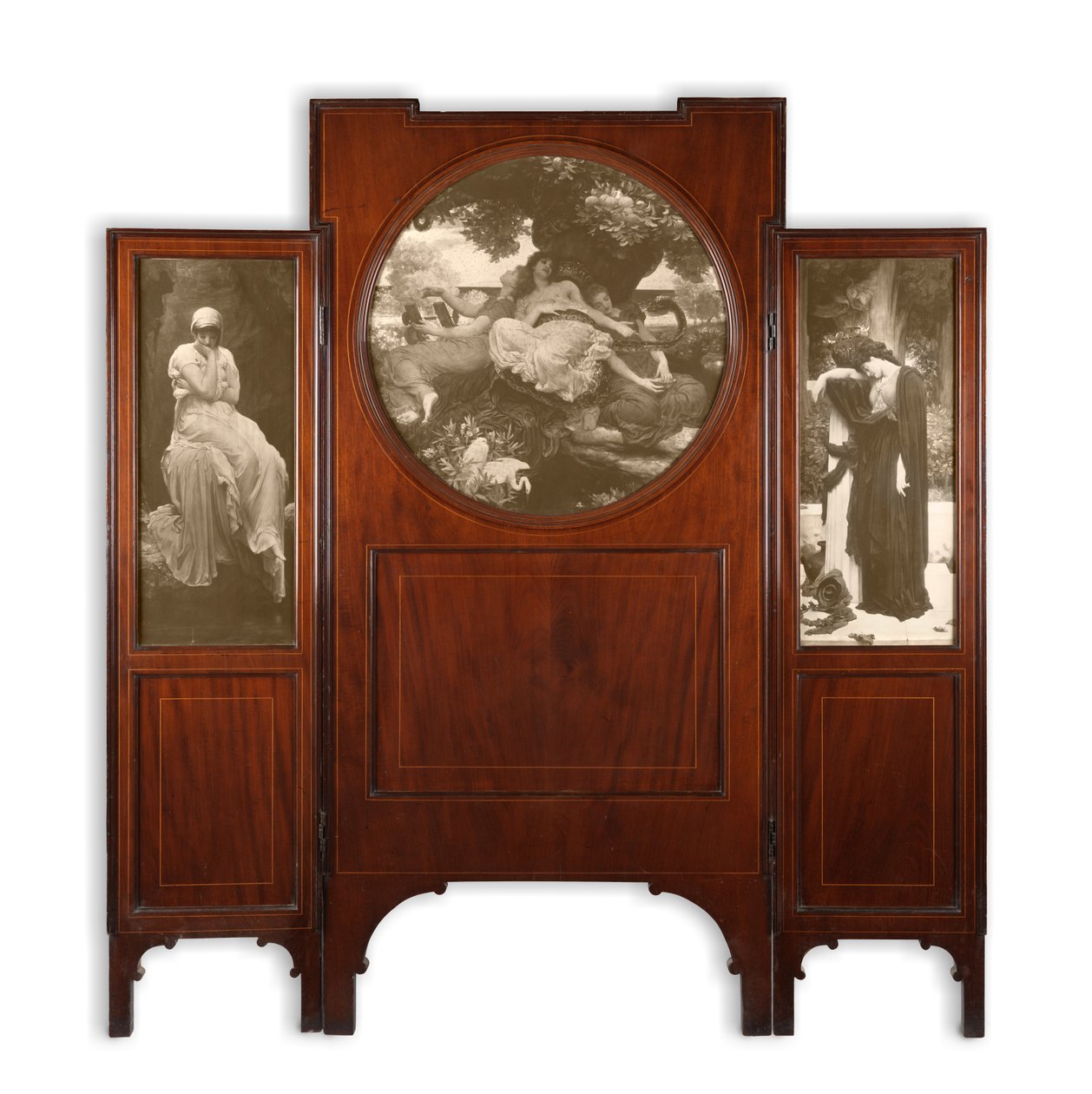 Mahagoni-Dreifachschirm mit Druckeinlagen von Frederic Leighton