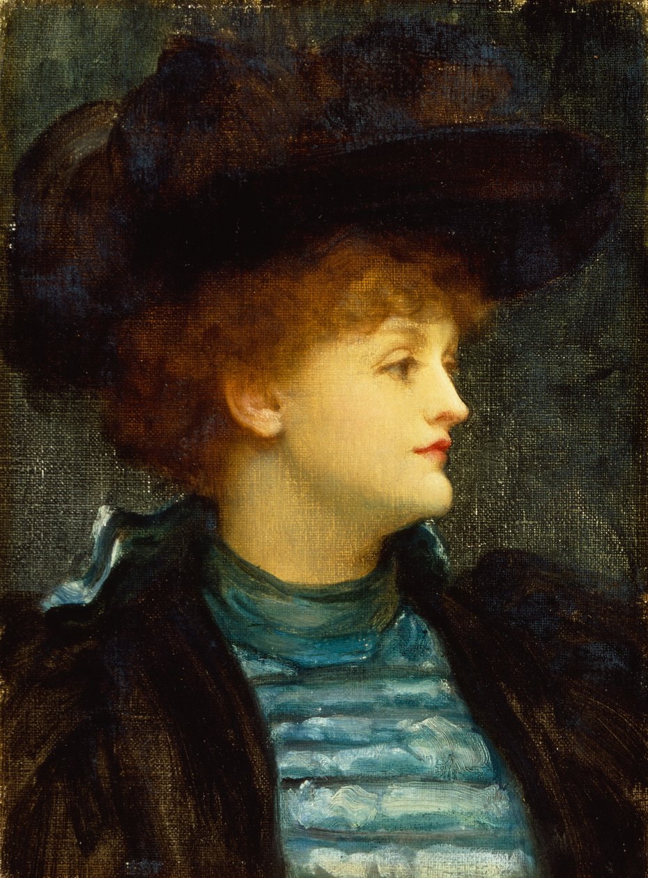 Porträt einer Frau in einem türkisfarbenen Kleid mit schwarzem Mantel und Hut von Frederic Leighton