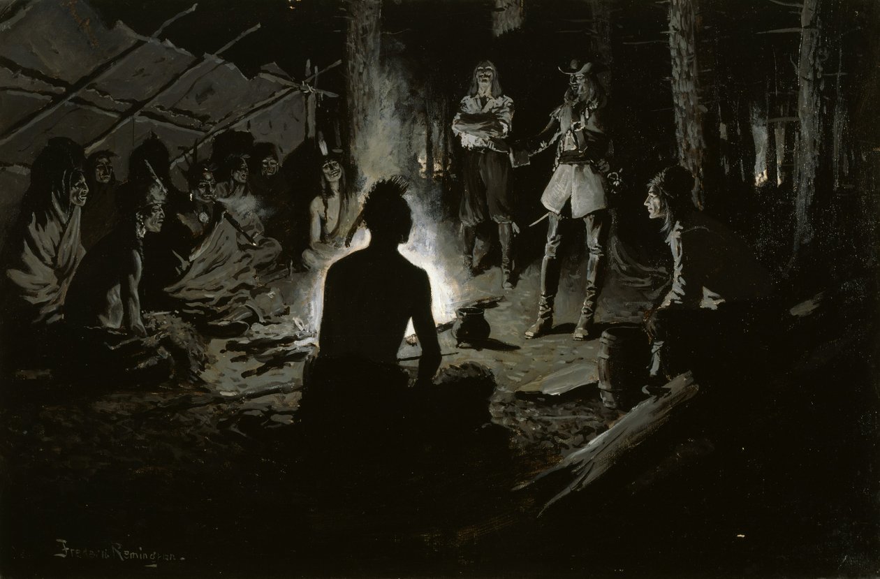 Rat des französischen Entdeckers mit den Indianern von Frederic Remington