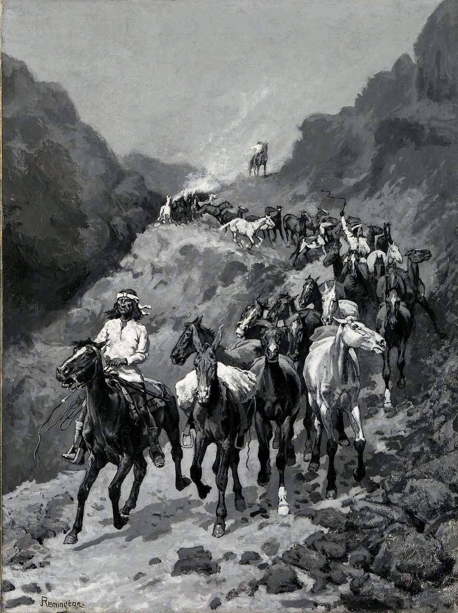 Geronimo und seine Bande kehren von einem Überfall in Mexiko zurück von Frederic Remington