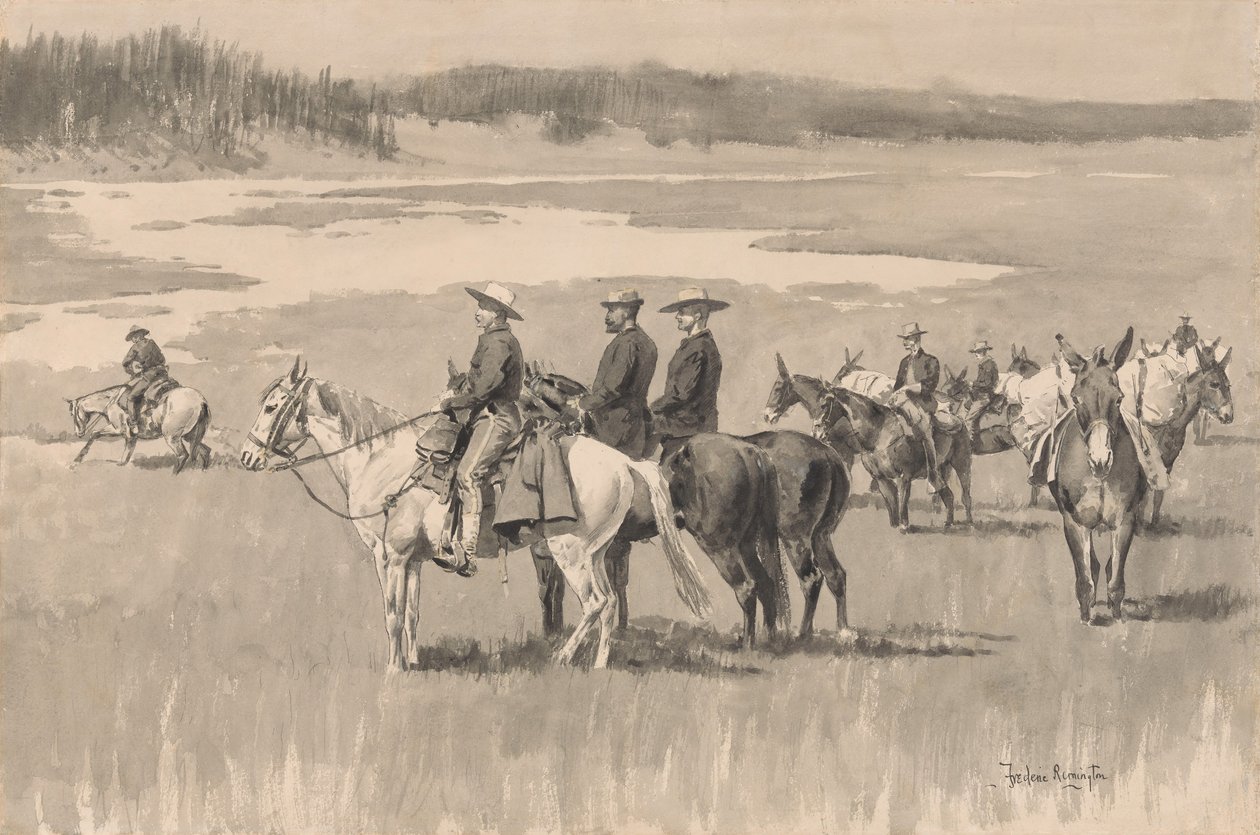 An den Quellgewässern--Burgess findet eine Furt von Frederic Remington