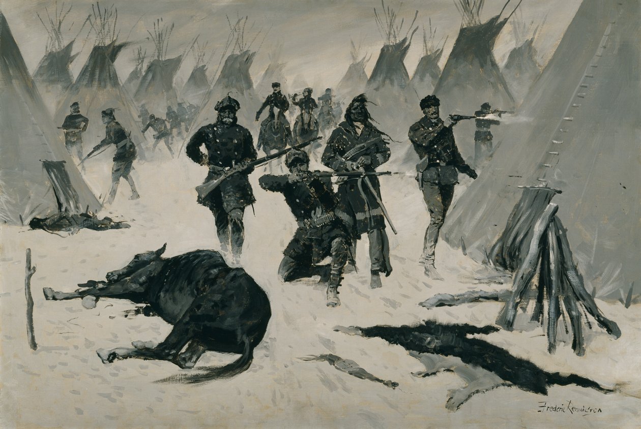 Die Niederlage von Crazy Horse (Die Niederlage von Crazy Horse durch Colonel Miles, Januar 1877, Winterangriff auf ein Indianerdorf) ca. 1901, möglicherweise ca. 1896 von Frederic Remington
