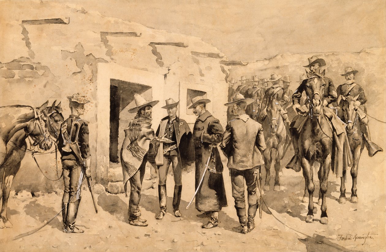 US-Kavallerie jagt Garza-Männer am Rio Grande, um 1892 von Frederic Remington