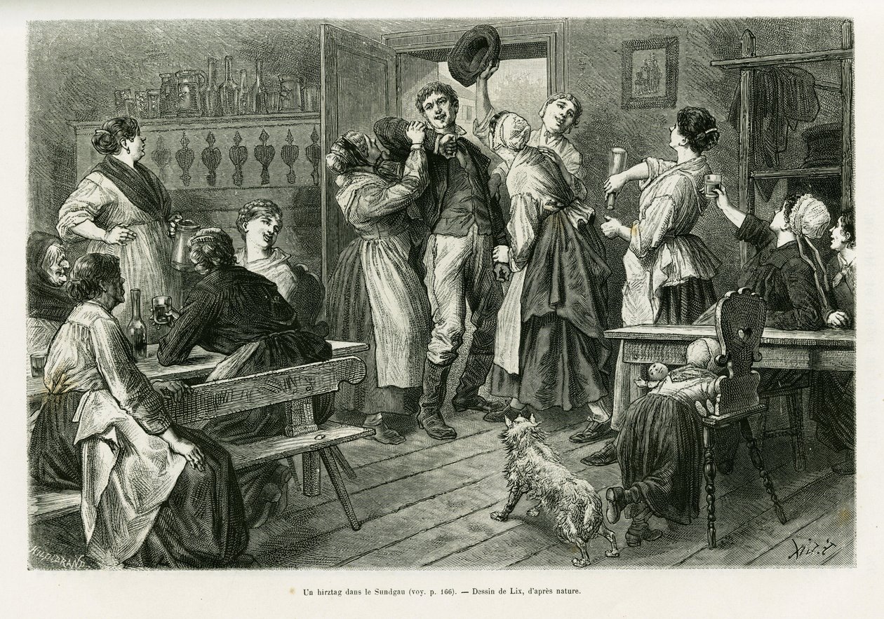Ein Hirtztag, eine Art Karneval, bei dem alles für Frauen erlaubt ist, im Sundgau. Gravur von Lix zur Illustration der Geschichte „Durch Elsass und Lothringen“ von Charles Grad, veröffentlicht in Le Tour du monde 1886 von Frederic Theodore Lix