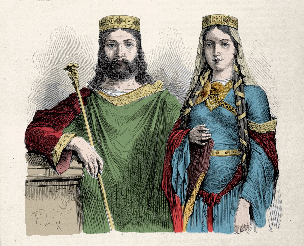 Clovis (481-511) König der Franken mit seiner zweiten Frau, der heiligen Clotilde (Clothilde) Königin. Gravur von Lix. von Frederic Theodore Lix