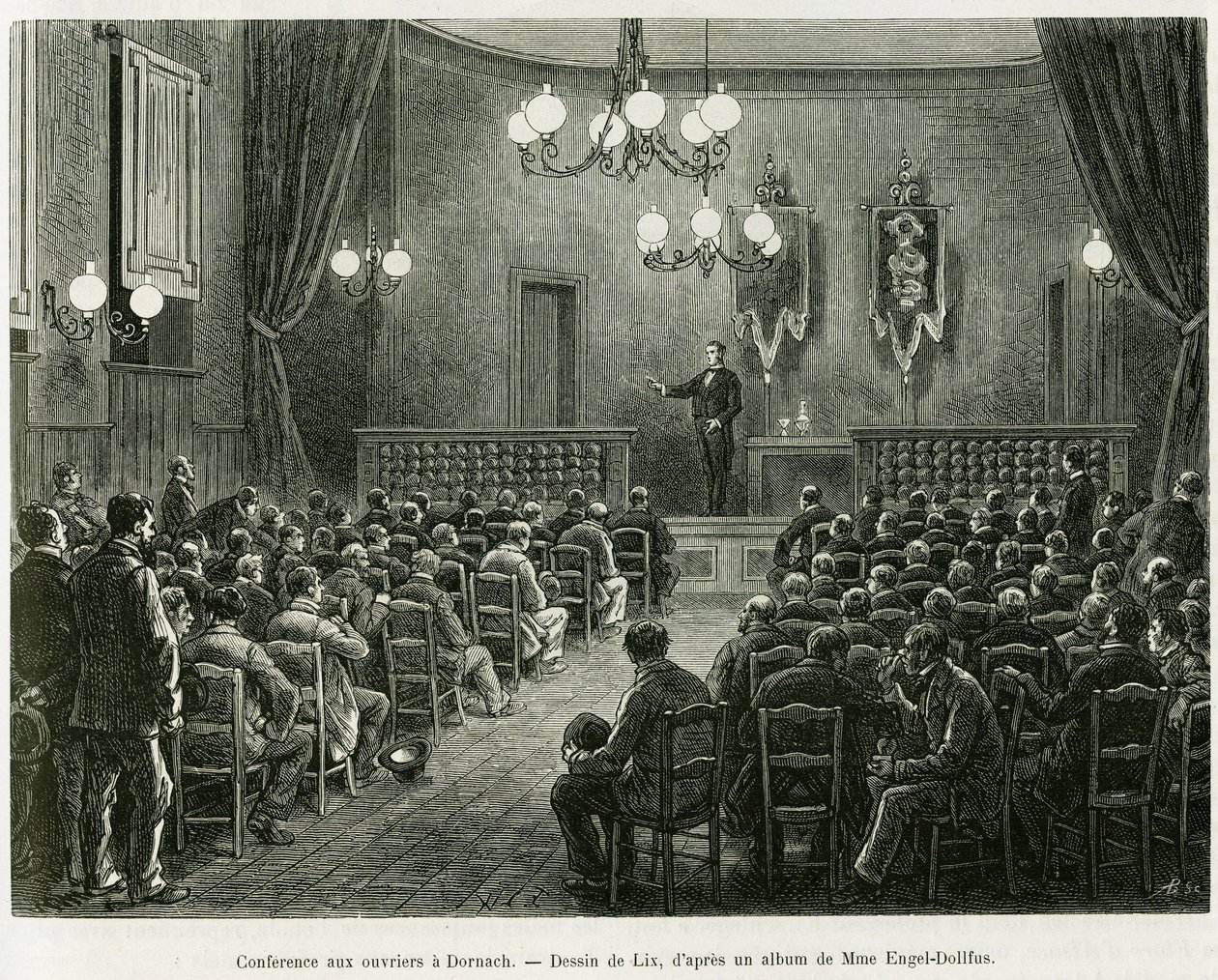 Konferenz für die Arbeiter der Dollfus-Mieg-Werkstätten in Dornach. Gravur von Lix zur Illustration der Geschichte „Durch Elsass und Lothringen“, von Charles Grad, deutscher Abgeordneter, 1885, in Le Tour du monde 1886, unter der Leitung von Edouard Charto von Frederic Theodore Lix