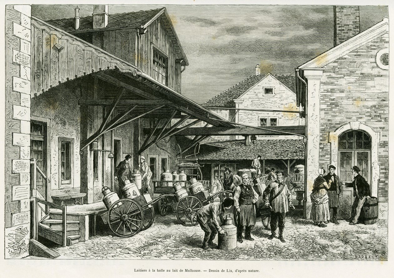 Molkerei in der Milchhalle von Mulhouse. Gravur von Lix zur Illustration der Geschichte „Durch Elsass und Lothringen“ von Charles Grad, deutscher Abgeordneter, 1885, in Le Tour du monde 1887, unter der Leitung von Edouard Charton (1807-1890), Hachette, Par von Frederic Theodore Lix