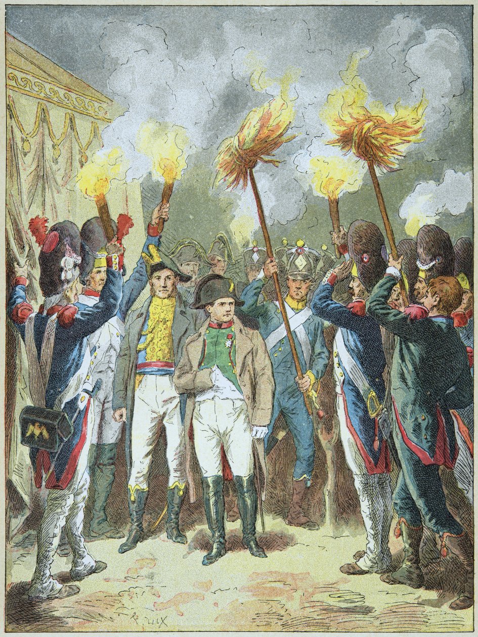 Kaiser Napoleon I. wird von seinen Soldaten am Vorabend der Schlacht von Austerlitz 1805 gefeiert von Frederic Theodore Lix